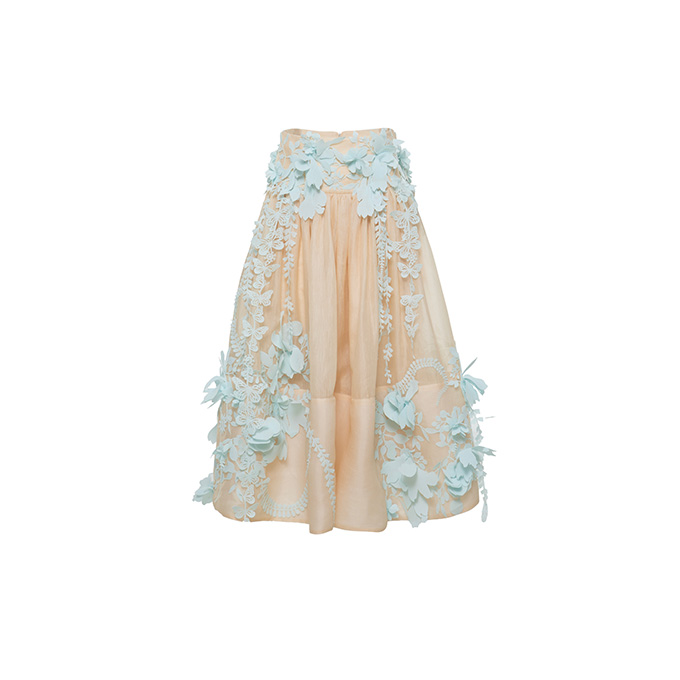 zimmermann ice blue floral butterfly linen silk full midi skirt